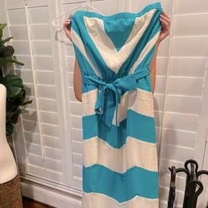 Teal strip strapless maxi dress